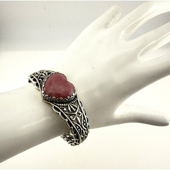 Carolyn Pollack Bracelet Pink Heart Rhodonite Cuff Sterling Silver Hinged 38g - Picture 1 of 15